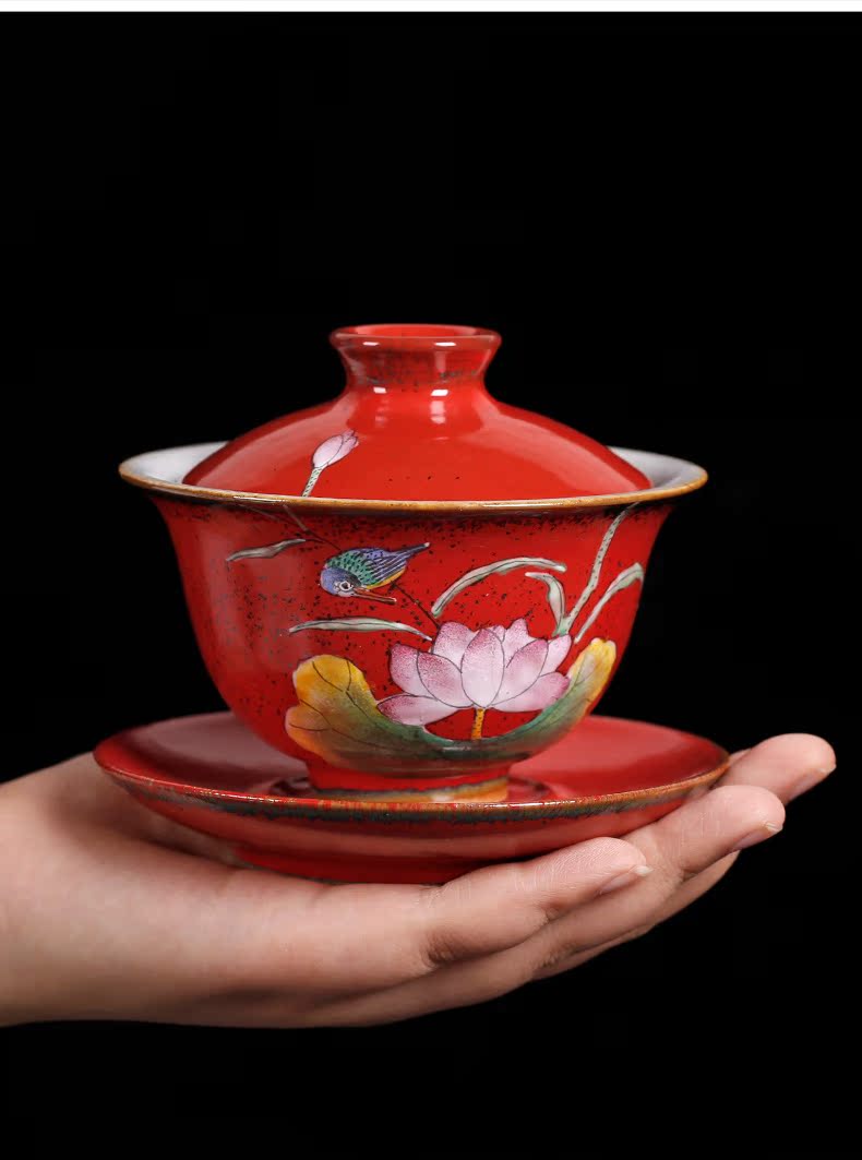 Large jingdezhen checking antique hand - made tureen single ceramic cups kung fu tea set three to prevent hot tea bowl