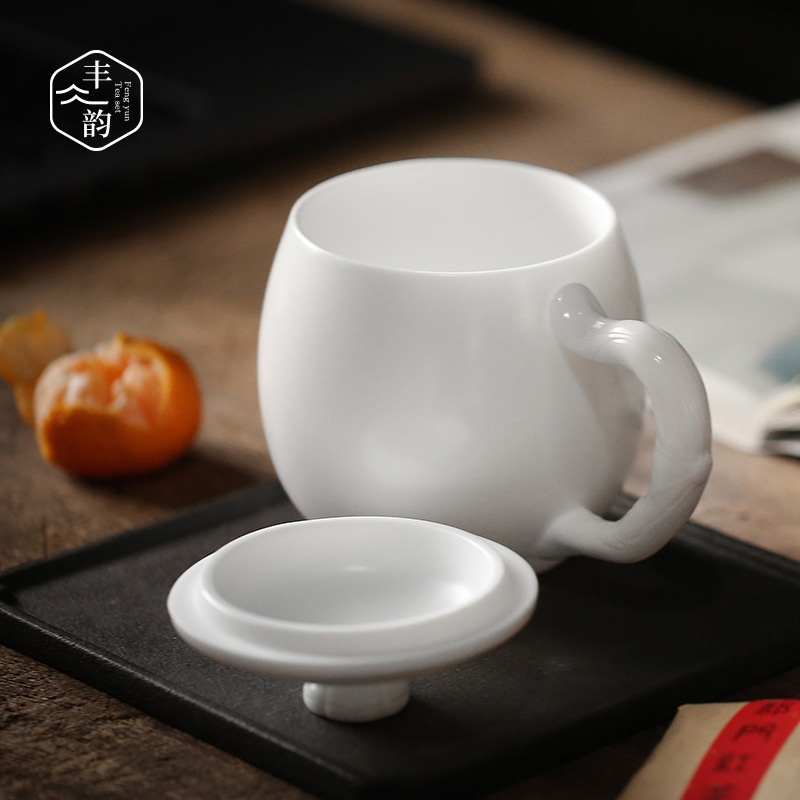 Dehua suet jade office high - grade cups with cover white porcelain cup individual cup by hand the cup gift mugs