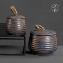 Retro rust glaze with lid pottery tea jar coarse pottery tea container small portable wake-up tea can sealed can