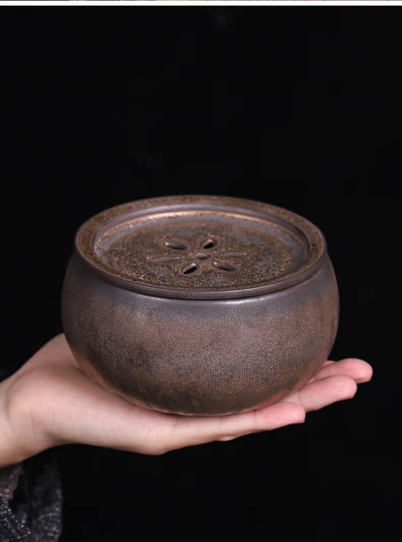 Antique gold iron glaze coarse pottery tea wash water jar zen small built in hot water writing brush washer barrel kung fu tea set spare parts