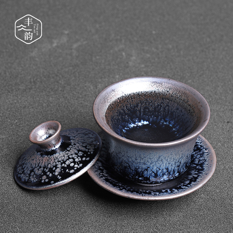 Manual jianyang ceramic tureen built lamp that only three cups small tire oil tea red glaze, kung fu tea set iron bowl