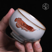Ru kiln Kung Fu Tea Cup hand-painted Master Cup Open piece can raise pure handmade Chinese wind goldfish Ru porcelain tea cup single