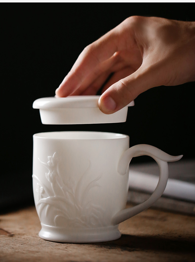 Dehua white porcelain suet jade cup single cup with cover and biscuit firing high - grade office checking ceramic tea cup