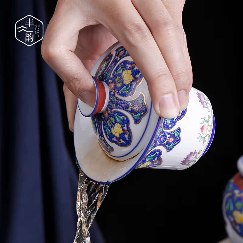 Archaize colored enamel three tureen large single kung fu tea cup only blue and white porcelain tea set gift box set the teapot