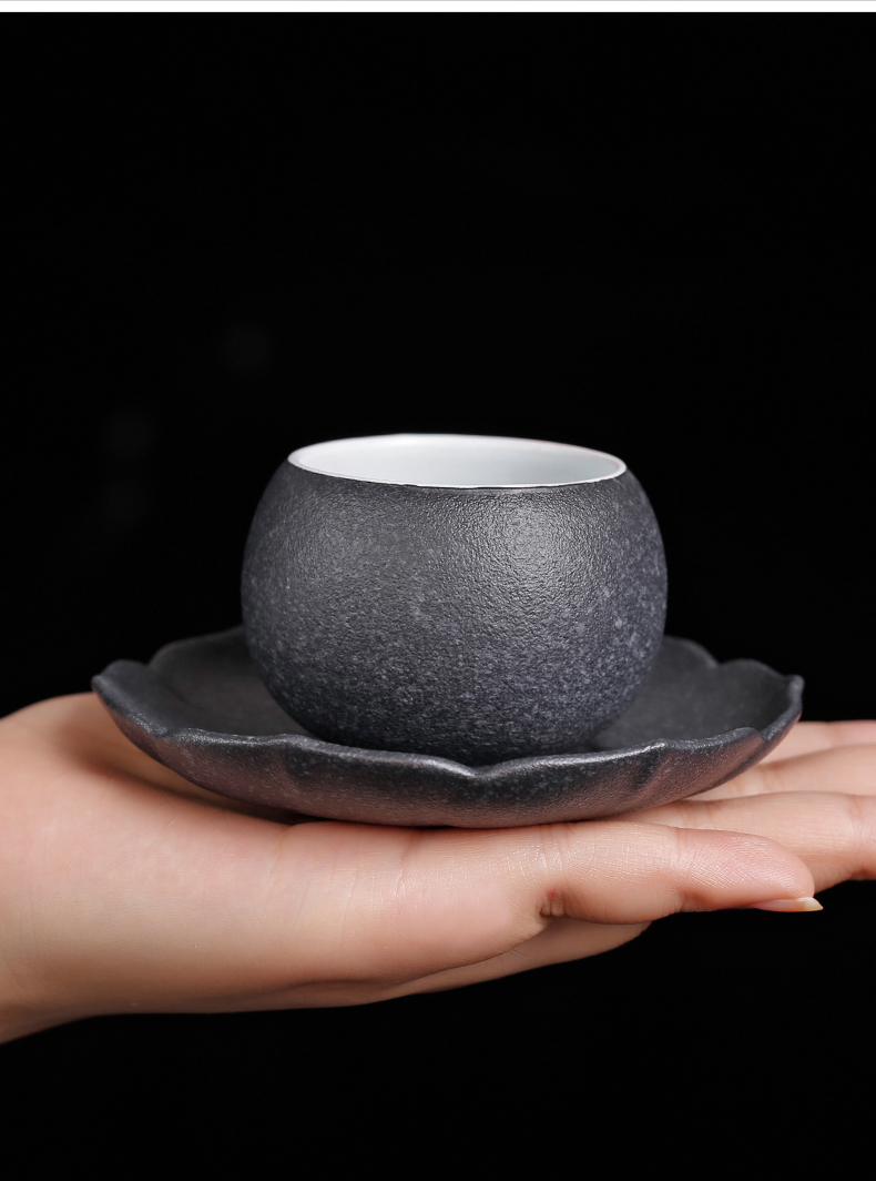 Coarse pottery kung fu tea cup home market metrix of ceramic tea set small single cup with cup mat sample tea cup set of tea cups