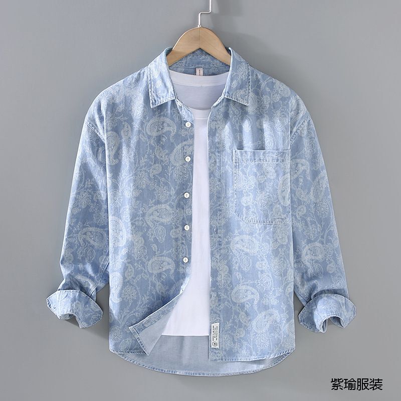 European-Style An&Lv/Angel Green Spring and Autumn Men's Denim Shirt Jacket Japanese Casual Trendy Printed Cotton Shirt