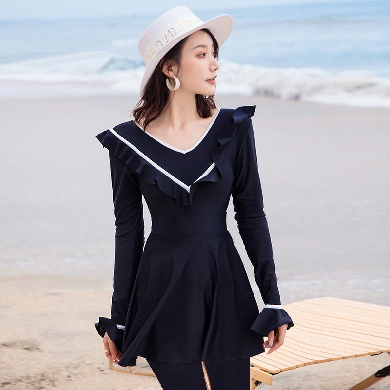 Long sleeve swimsuit women's black display slim dress style two-piece two-piece pair of trousers sunscreen speed dry diving jellyfish spa swimsuit
