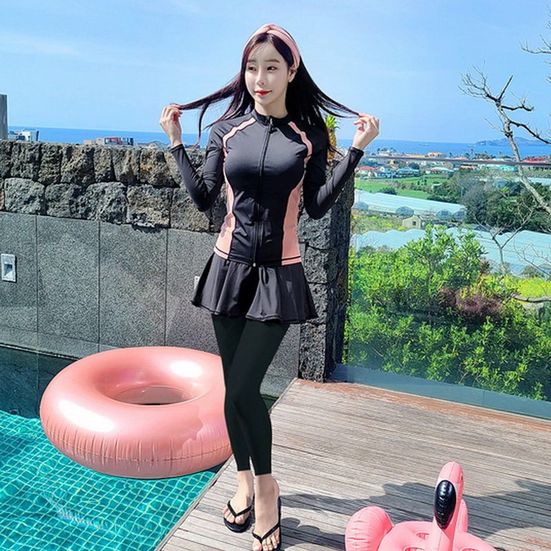 Long-sleeved swimsuit women's five-piece set two-piece skirt-style slim trousers sunscreen quick-drying men's three-piece hot spring swimsuit couple wear