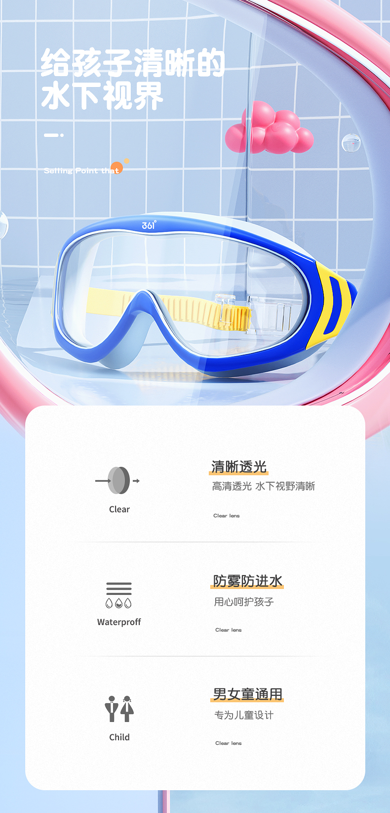 361°  儿童高清防雾大框透明泳镜护目镜 图2