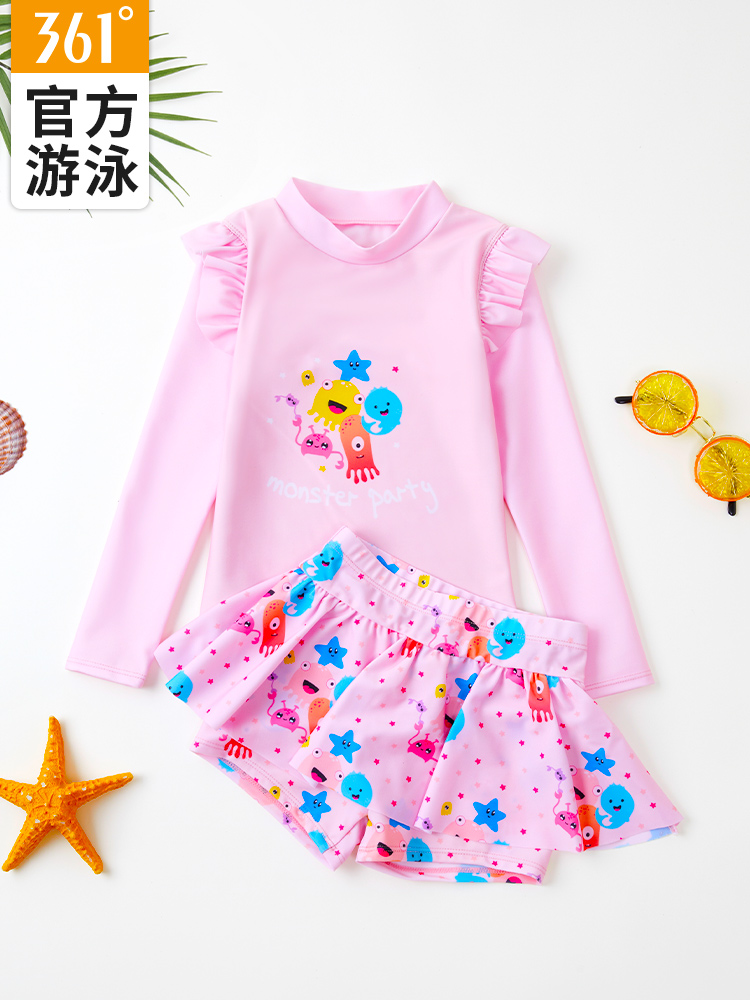 361 Girls Swimsuit Korean Version Long-sleeved Sunscreen Split Style Medium and Big Kids Fashion Princess Skirt Style Western Style Children's Swimsuit