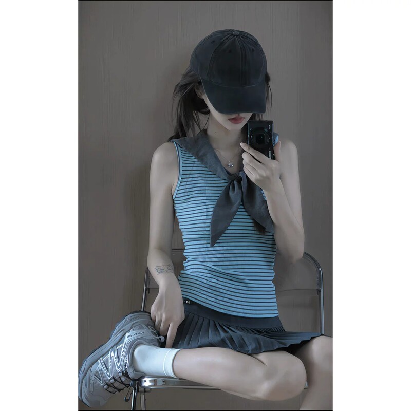 American Retro Striped Navy Collar Camisole for Women, Summer Sleeveless Blue-Gray Chic Top, College Style
