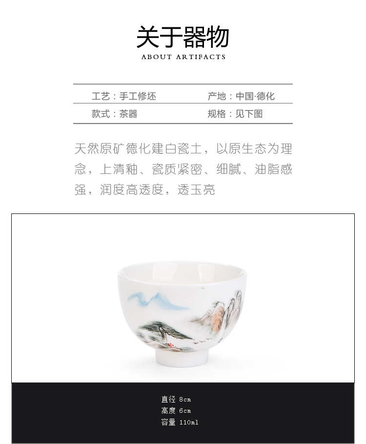 Ancient sheng up new gift boxes, hand - made scenery sample tea cup dehua white porcelain personal single CPU suet jade cup by hand