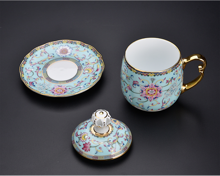 The ancient sheng up with colored enamel porcelain keller with cover filter home office cup portable large capacity water glass tea cup