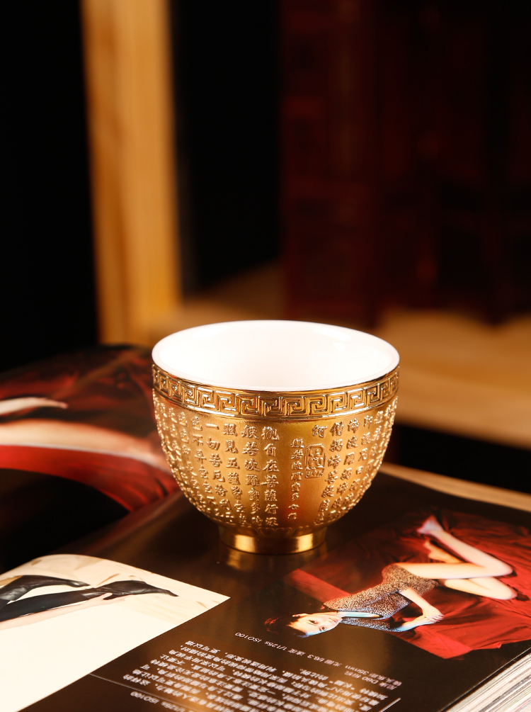 The ancient up with 24 k gold heart sutra cup tea light golden cup kung fu master cup personal single cup sample tea cup white porcelain cups