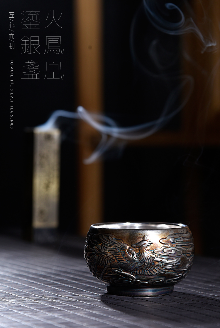 The ancient new Japanese antique silver, pure manual fire phoenix kung fu sheng up household ceramics bladder tasted silver gilding masters cup