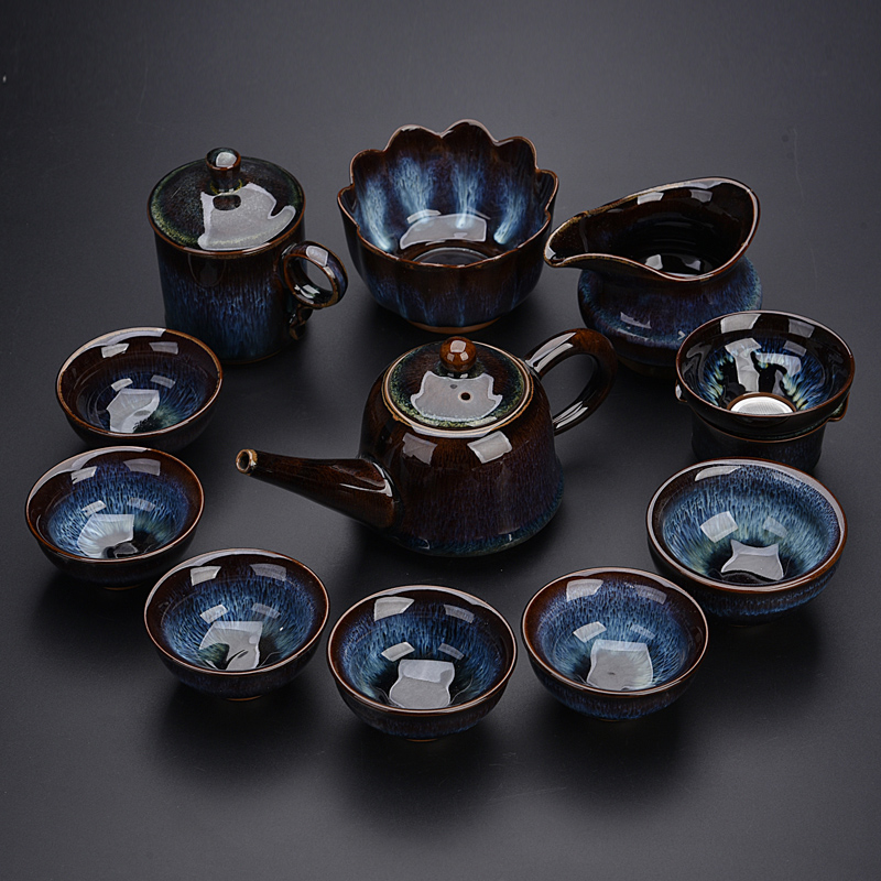 Ancient jun sheng jin jun porcelain up household suit tea cups furnace manual variable set of tea set masterpieces