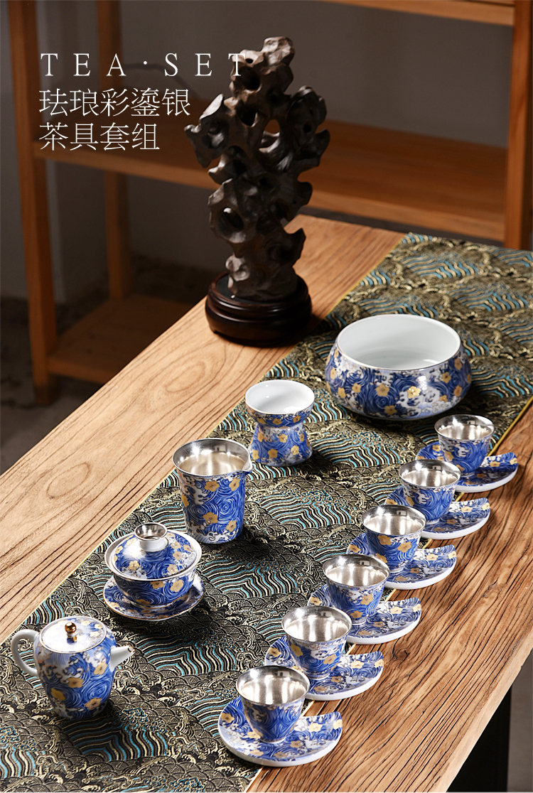 Ancient sheng up 999 sterling silver, kung fu tea set colored enamel porcelain of a complete set of 6 people tasted silver gilding the teapot teacup gifts