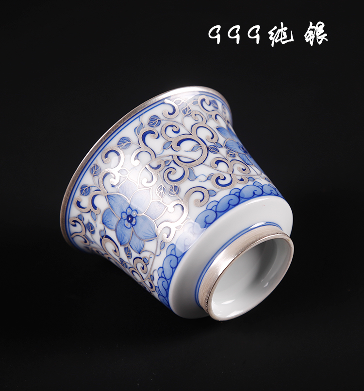 The ancient silver cup pure manual coppering. As sheng up 999 sterling silver master cup with silver blue cup of jingdezhen ceramic cup