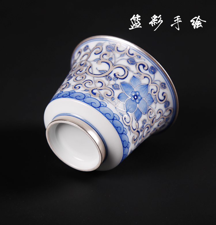 The ancient silver cup pure manual coppering. As sheng up 999 sterling silver master cup with silver blue cup of jingdezhen ceramic cup