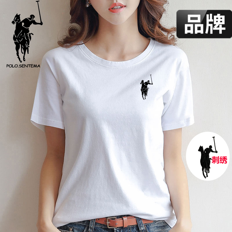 Printed Polo Brand Short-Sleeve T-Shirt for Women, Casual Round-Neck Top, Sports Unisex Base Shirt