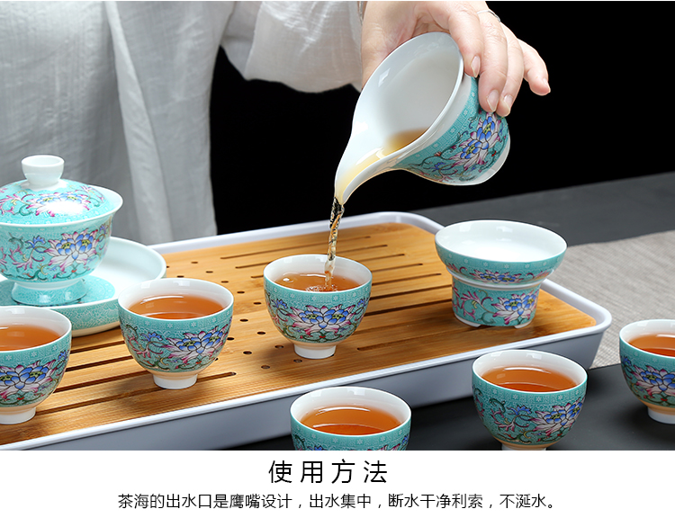 Creative, full of see colour, grilled florist kung fu tea set ceramic cup pot lotus a complete set of blue and white porcelain tea set