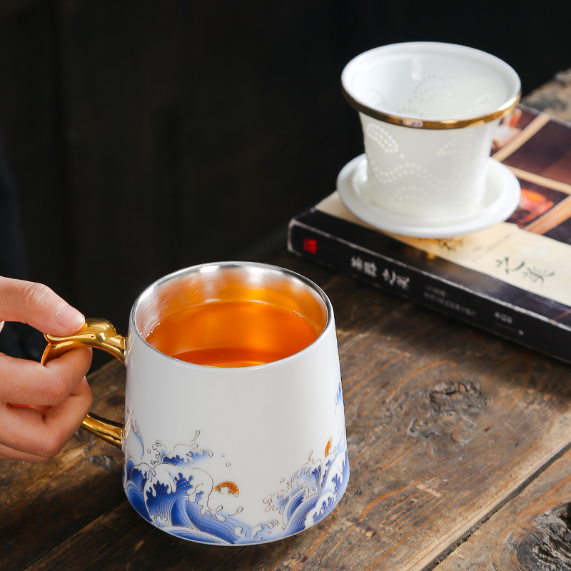 The meeting office cup tea cup with cover glass ceramic separation filter boss factory custom men make tea cup
