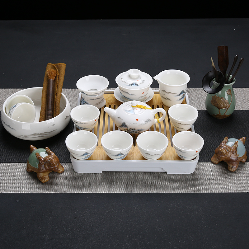 White porcelain tea sets tea cup set teapot ceramic household kung fu tea tea GaiWanCha suet jade sea