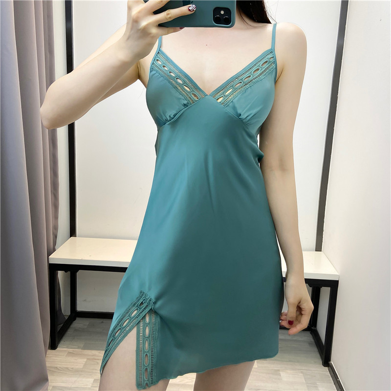 bộ đồ ngủ sexy với miếng đệm ngực womens cáp treo mùa hè sương trở về nhà chiếc váy sâu V cực kỳ nhanh chóng quyến rũ ren bộ đồ ngủ mỏng mùa xuân và mùa thu.