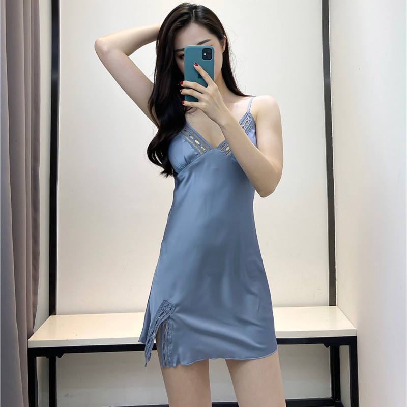 bộ đồ ngủ sexy với miếng đệm ngực womens cáp treo mùa hè sương trở về nhà chiếc váy sâu V cực kỳ nhanh chóng quyến rũ ren bộ đồ ngủ mỏng mùa xuân và mùa thu.