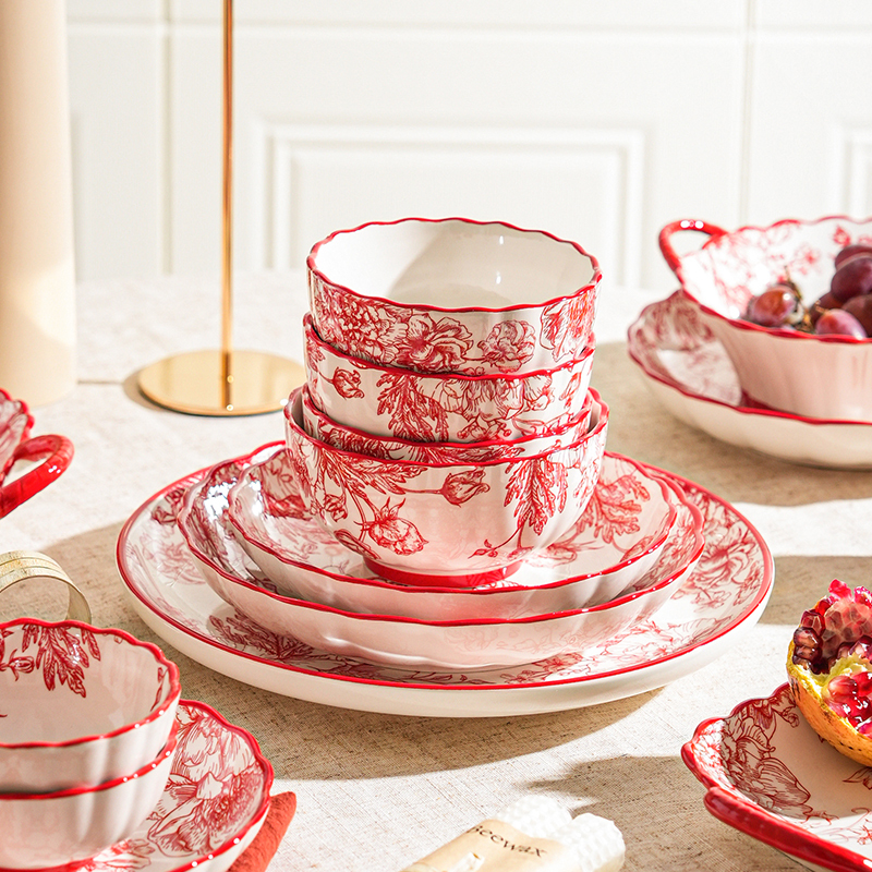 Queen of Roses Red Tableware Household Ceramic Rice Bowl Festive Soup Noodle Bowl Newlywed Wedding Bowl and Plate Set Queen of Roses Red Tableware Household Ceramic Rice Bowl Festive Soup Noodle Bowl Newlywed Wedding Bowl and Plate Set