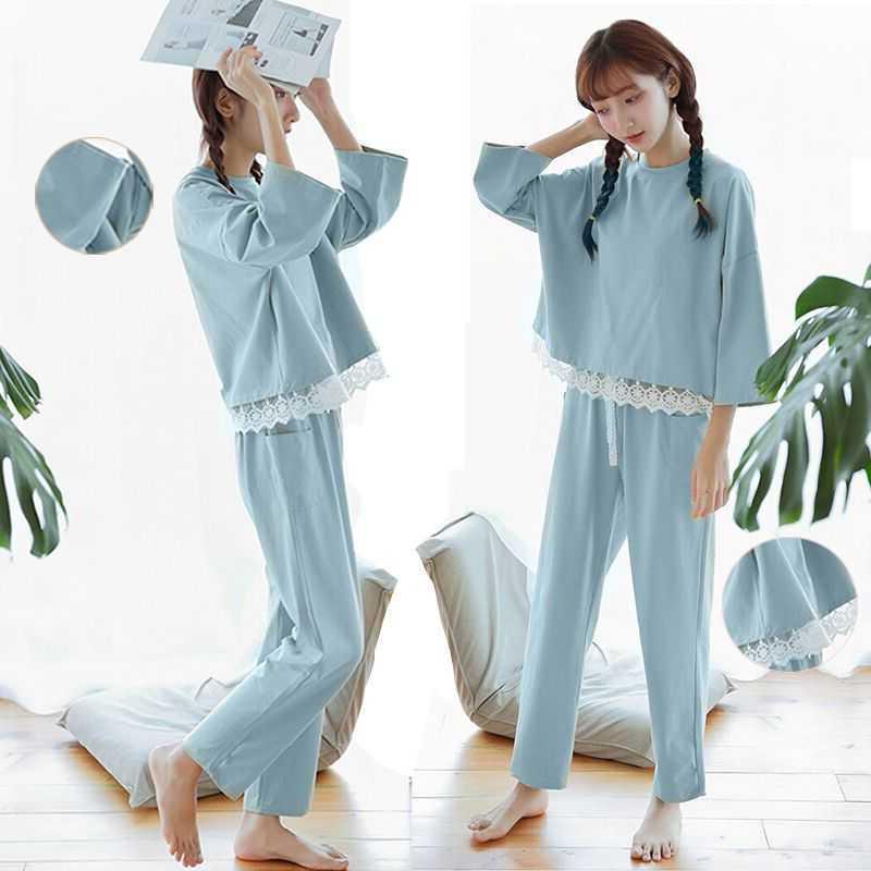 Sleepwear Woman Spring Autumn Long Sleeve Han Edition Round Collar Thin section Students loose large size for sweet and summer 70% sleeve Home Residence Suit Suit