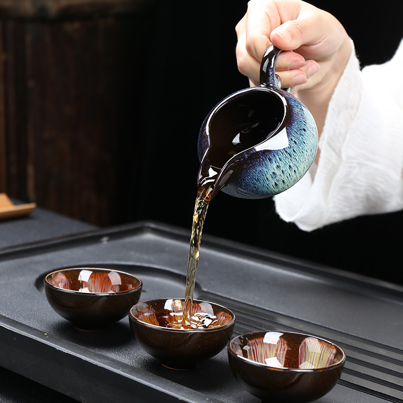 Ya xin kung fu tea set of a complete set of domestic up built red glaze, ceramic cups lid bowl with silver
