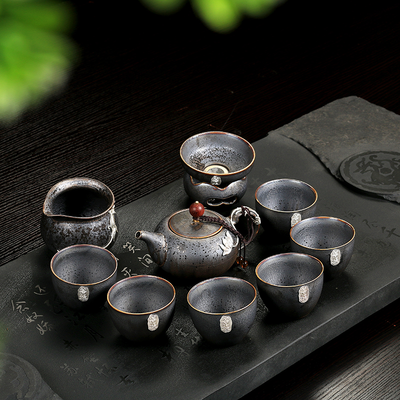 Ya xin jingdezhen building ceramic lamp of a complete set of kung fu tea sets variable temmoku silver cup lid bowl