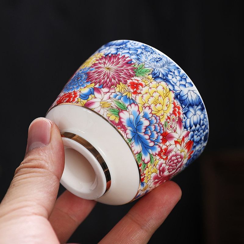 Enamel Kung Fu Tea Cup, Ceramic Tea Tasting Cup, Tea Set Set, Light Luxury Household Cup, Gold-Painted Master Single Cup for Men and Women