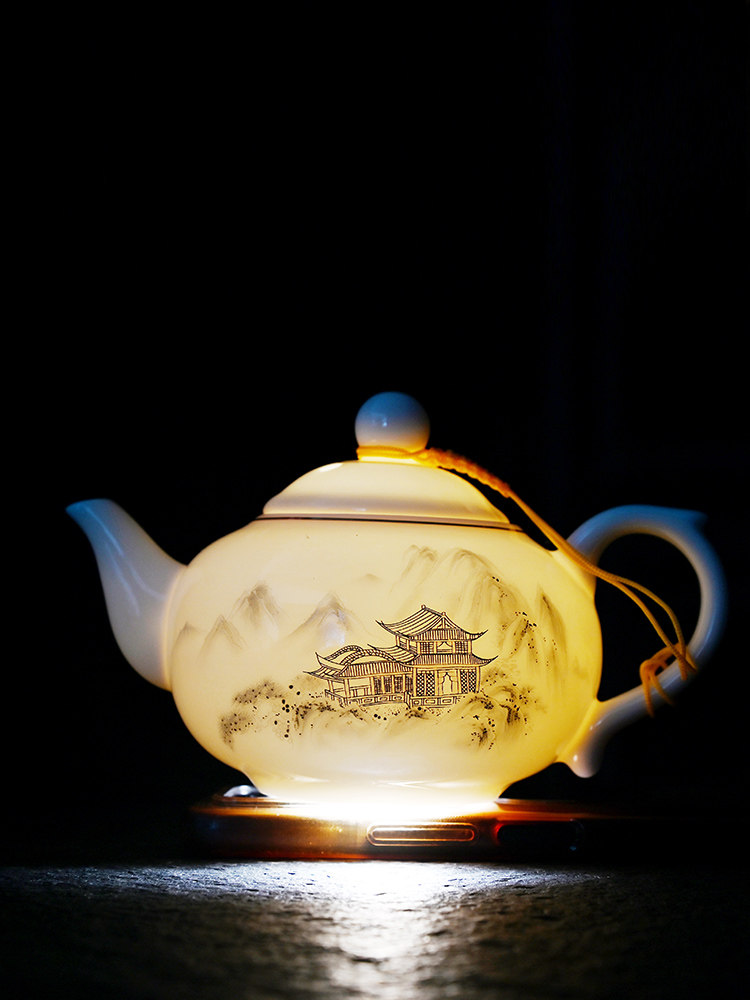 Dehua Jade Porcelain Luminous Hidden Mountain Pavilion Tea Set for Home Living Room Ceramic Kung Fu Tea Cups Gift Box Set