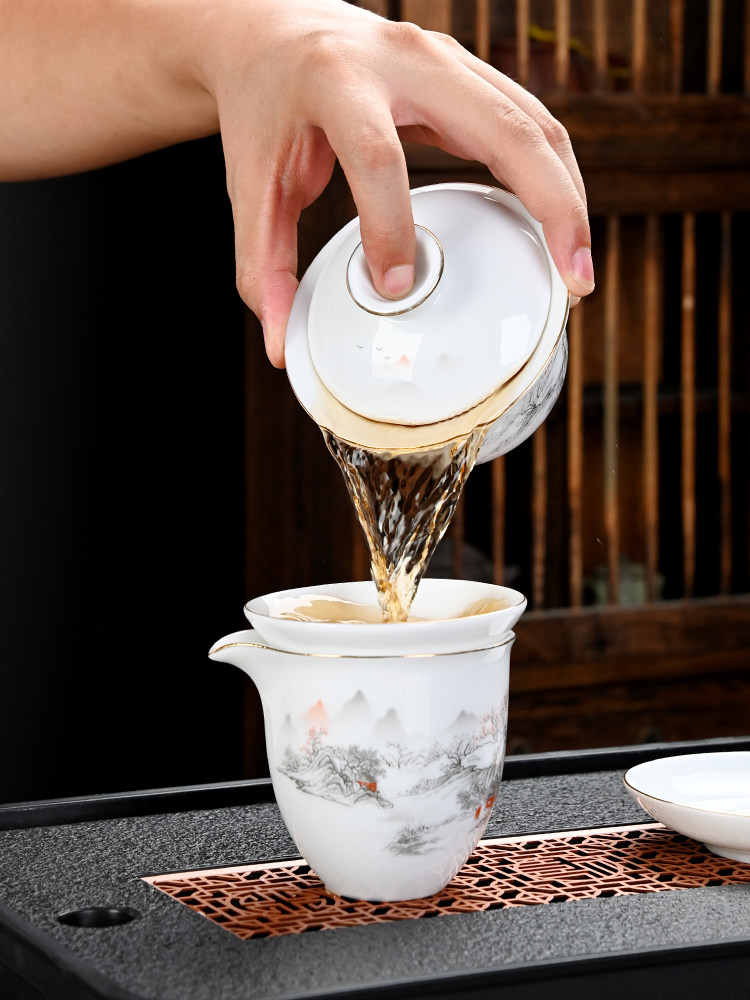 Ice Jade Porcelain White Tea Set, Complete Set for Home Use, Kung Fu Tea Cups, Ceramic High-End Teapot Set