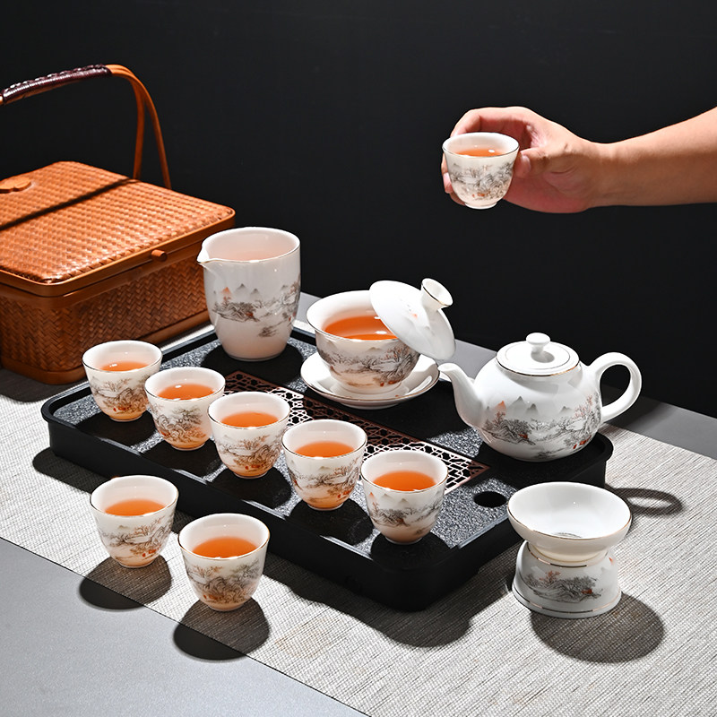 New Style Jadeite Floating Lid Tea Set, Light Luxury Household Kung Fu Tea Set, Living Room Tea Pot, Teacup, Tea Tray
