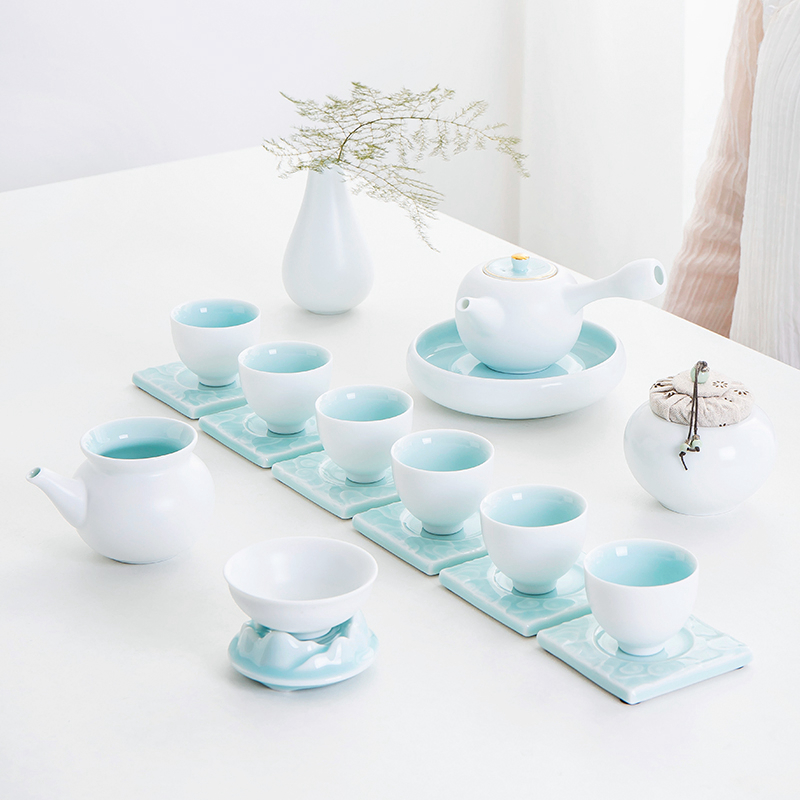 Tea set home ceramic gift box Nordic simple shadow green glaze Ding kiln white kung fu teapot tea set Jingdezhen