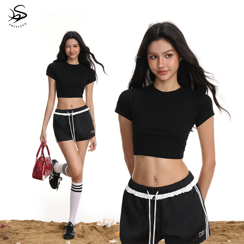 November American-Style Spicy Girl Round Neck Short-Sleeve T-Shirt for Women, Summer Regular Shoulder Slim Fit Crop Top