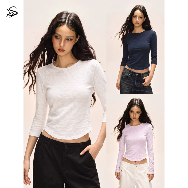November American-Style Round Neck Regular Shoulder Three-Quarter Sleeve T-Shirt for Women, Summer Curved Hem Design, Slim Fit Short Top for Trendy Girls November American-Style Round Neck Regular Shoulder Three-Quarter Sleeve T-Shirt for Women, Summer Curved Hem Design, Slim Fit Short Top for Trendy Girls