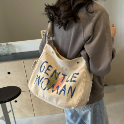 Korean Style Canvas Bag for Women 2026 New Simple Large-Capacity Letter Shoulder Crossbody Bag Student Class Tote Bag