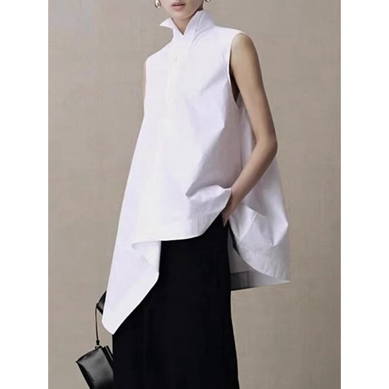 Cool White Stand-Up Collar Shirt for Women, New Summer Style, Irregular Sleeveless Vest Top, New Chinese Style Loose Blouse