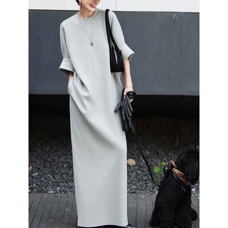 Korean-Style Relaxed Gray Dress for Women 2026 New Loose Drapey Over-The-Knee Long Dress Versatile Straight Dress for Work and Everyday Wear