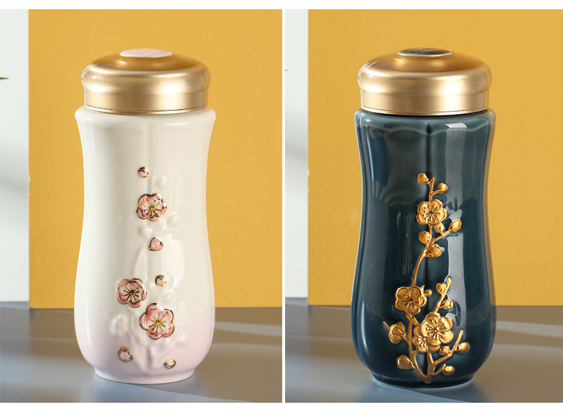 Do Tang Xuan porcelain cup hong mei harbinger double portable cup with white color + + gold with cover cup originality