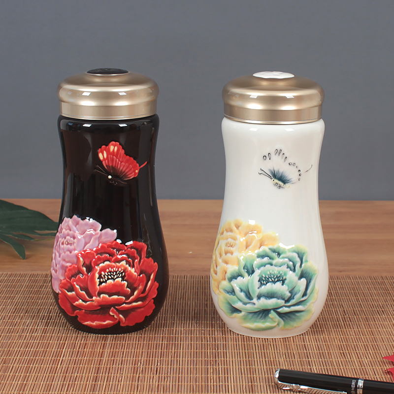 Do Tang Xuan porcelain cup millennium peony cup with red + color porcelain cup creative move with cover cup cup