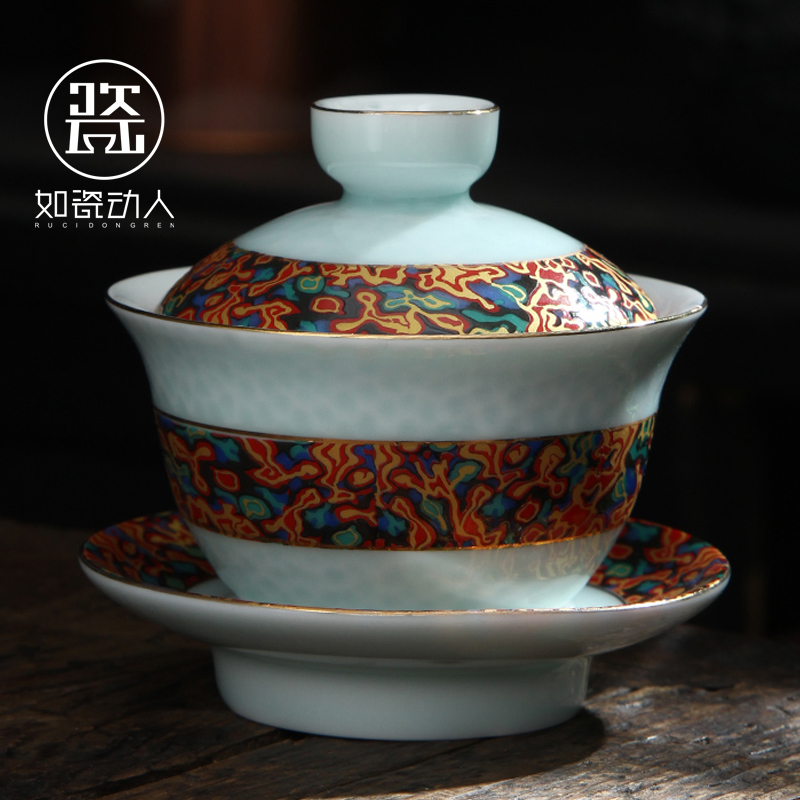 Tureen ceramic household retro imitation Chinese lacquer three new one Chinese kung fu tea cups to use suit hands make tea