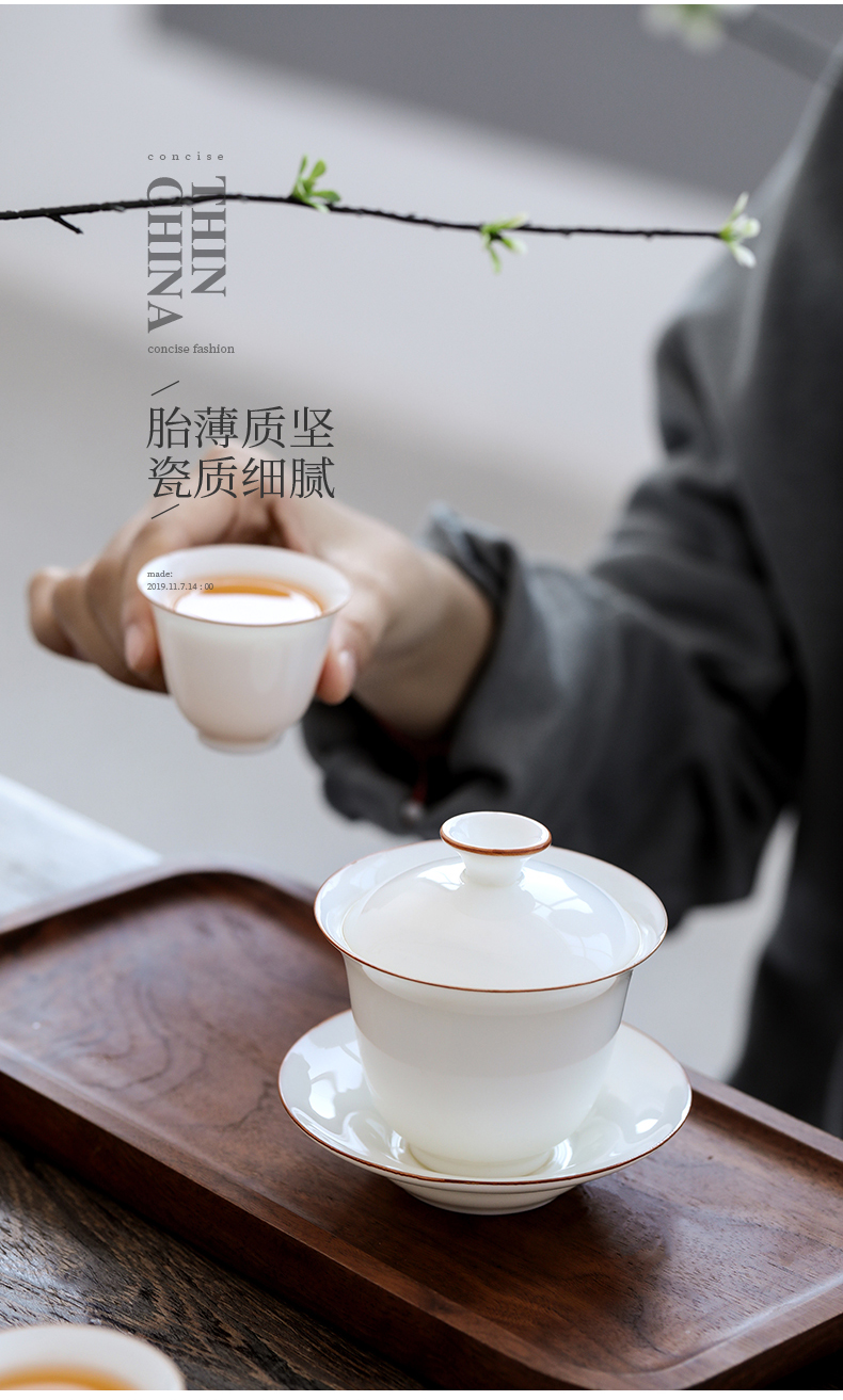 White porcelain only three tureen dehua suet jade porcelain bowl cups kung fu tea set to make tea bowl bowl is a single thin