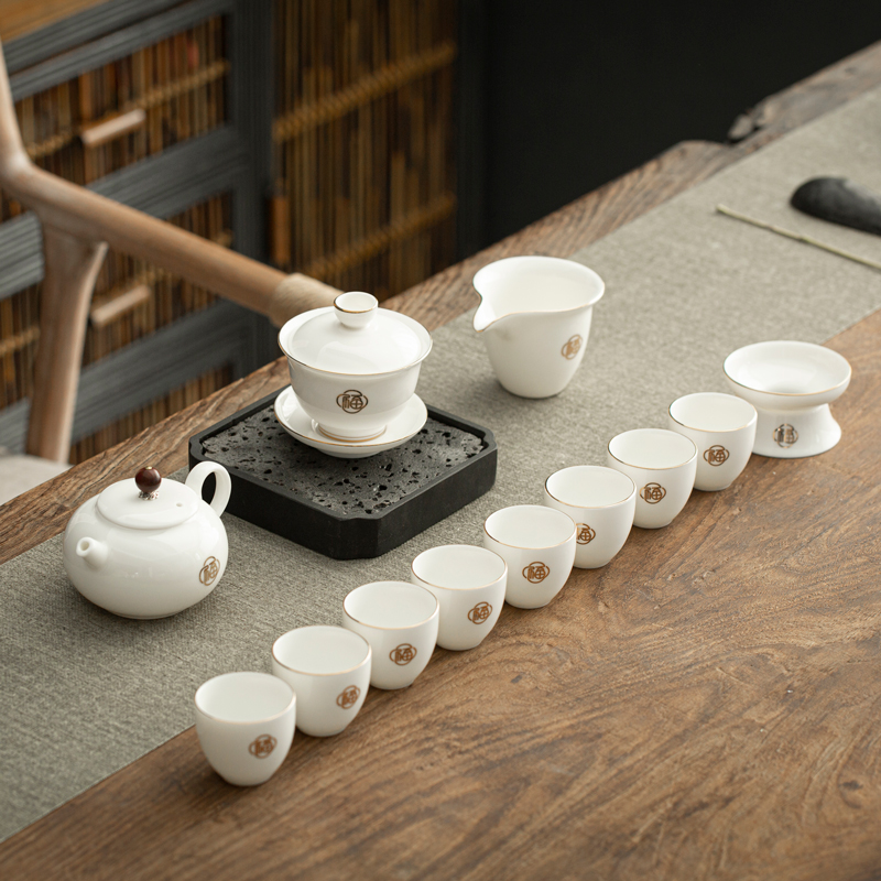 Suet jade porcelain kung fu tea set suit household custom cups of tea desk tray dehua white porcelain tureen teapot gift boxes