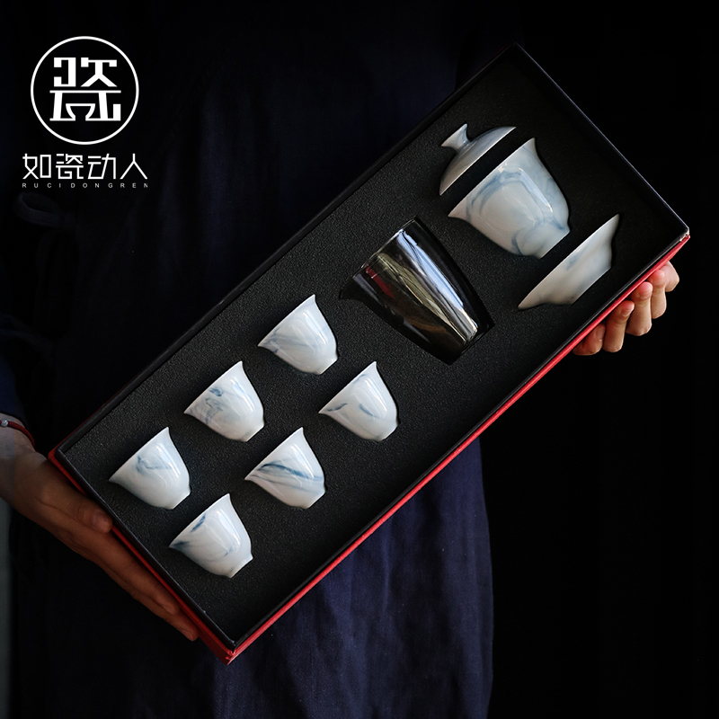 Japanese tea set suit household contracted ink zen wind kung fu tea set ceramic cups tureen gift customization