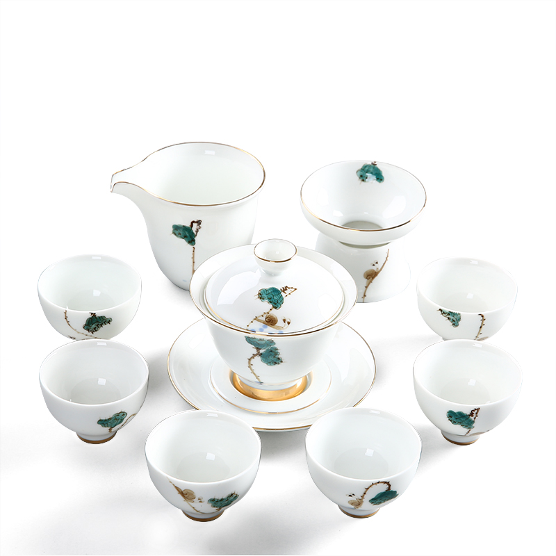 White porcelain kung fu tea set suit household contracted cup six dehua hand - made tureen tea cup set